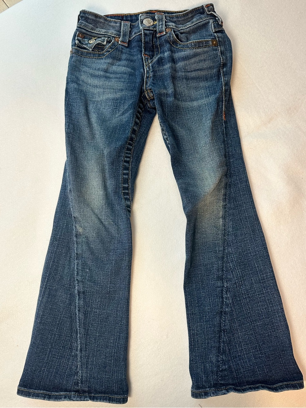 True Religion Girls Flare Jeans Twisted Seam Flap Pocket Medium Wash